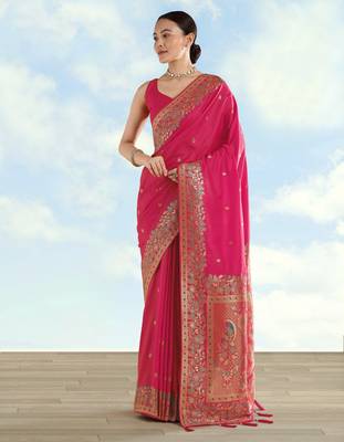 pink silk blend banarasi jacuard work saree with unstitched blouse piece 2