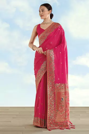 pink silk blend banarasi jacuard work saree with unstitched blouse piece
