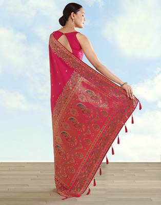 pink silk blend banarasi jacuard work saree with unstitched blouse piece 3
