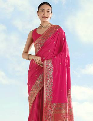 pink silk blend banarasi jacuard work saree with unstitched blouse piece 4