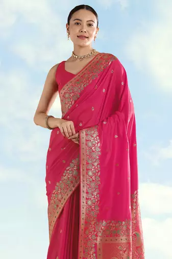 pink silk blend banarasi jacuard work saree with unstitched blouse piece