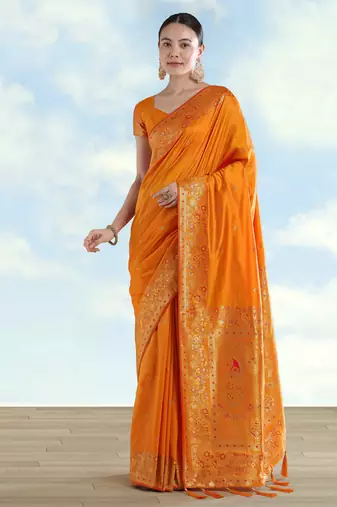 orange silk blend banarasi jacuard work saree with unstitched blouse piece