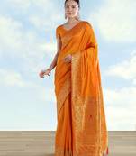 orange silk blend banarasi jacuard work saree with unstitched blouse piece