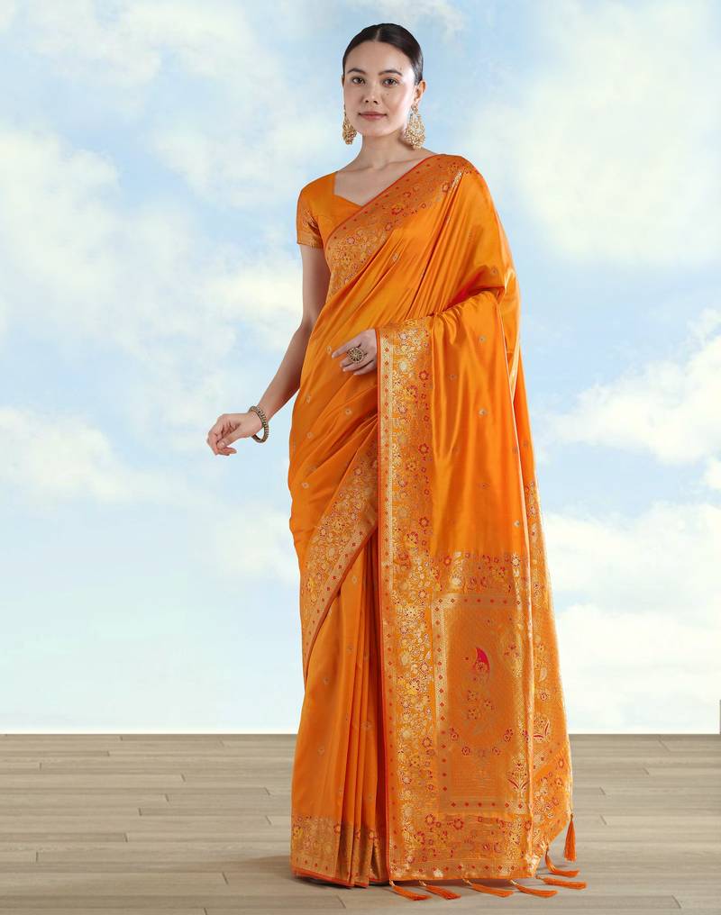 orange silk blend banarasi jacuard work saree with unstitched blouse piece