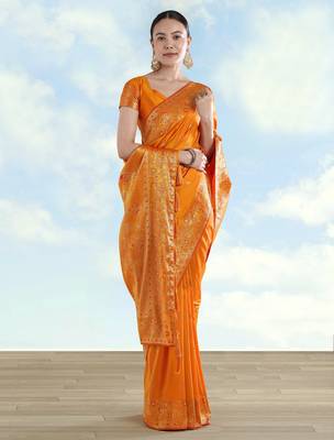 orange silk blend banarasi jacuard work saree with unstitched blouse piece 2