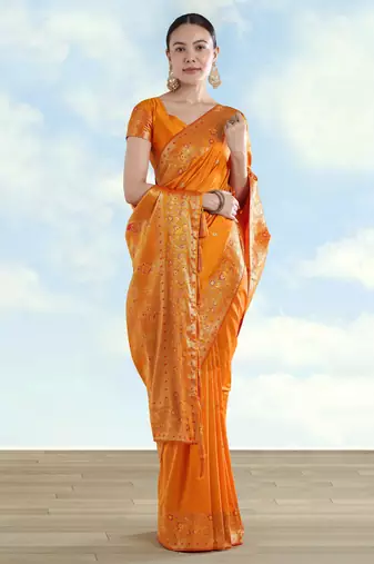 orange silk blend banarasi jacuard work saree with unstitched blouse piece