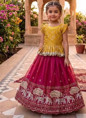 Kids moss satin elephant motif cutdana work lehenga with zari silk peplum blouse 1