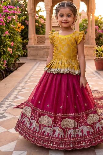 Kids moss satin elephant motif cutdana work lehenga with zari silk peplum blouse