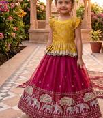 Kids moss satin elephant motif cutdana work lehenga with zari silk peplum blouse