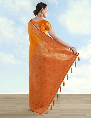orange silk blend banarasi jacuard work saree with unstitched blouse piece 3