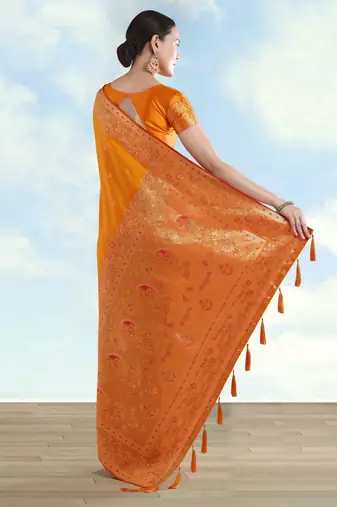 orange silk blend banarasi jacuard work saree with unstitched blouse piece