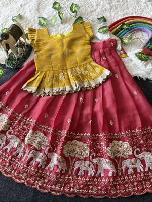 Kids moss satin elephant motif cutdana work lehenga with zari silk peplum blouse 2