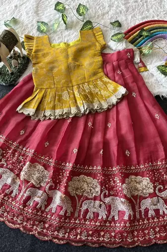Kids moss satin elephant motif cutdana work lehenga with zari silk peplum blouse