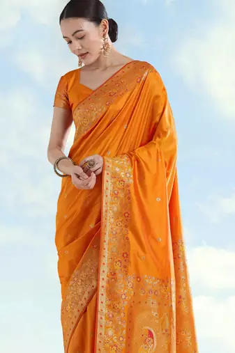 orange silk blend banarasi jacuard work saree with unstitched blouse piece