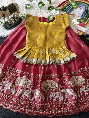 Kids moss satin elephant motif cutdana work lehenga with zari silk peplum blouse 3