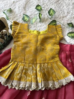 Kids moss satin elephant motif cutdana work lehenga with zari silk peplum blouse 4