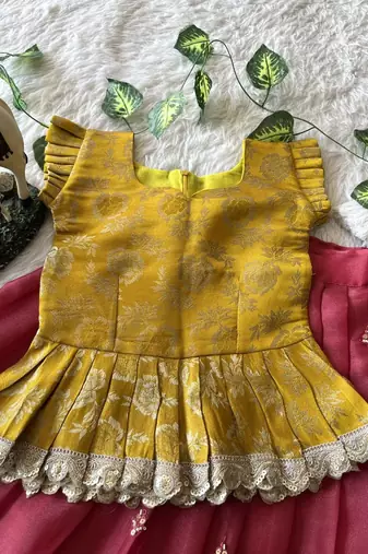 Kids moss satin elephant motif cutdana work lehenga with zari silk peplum blouse