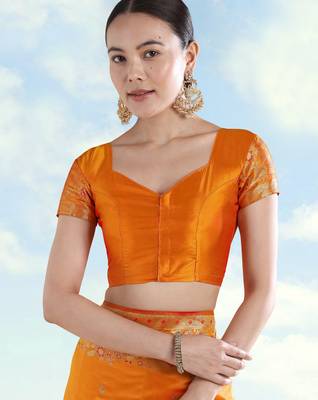 orange silk blend banarasi jacuard work saree with unstitched blouse piece 5