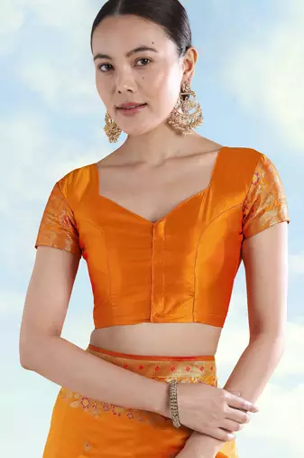 orange silk blend banarasi jacuard work saree with unstitched blouse piece