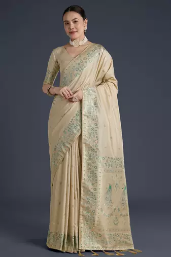 cream silk blend banarasi jacuard work saree with unstitched blouse piece