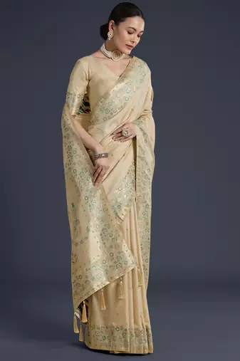 cream silk blend banarasi jacuard work saree with unstitched blouse piece