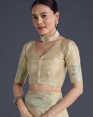cream silk blend banarasi jacuard work saree with unstitched blouse piece 5