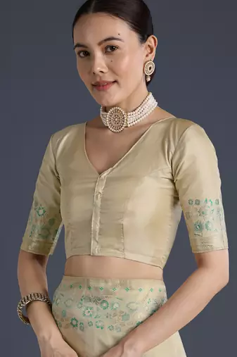 cream silk blend banarasi jacuard work saree with unstitched blouse piece