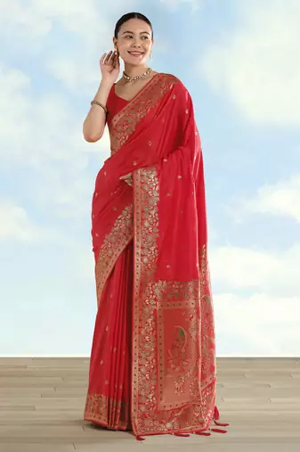 red silk blend banarasi jacuard work saree with unstitched blouse piece