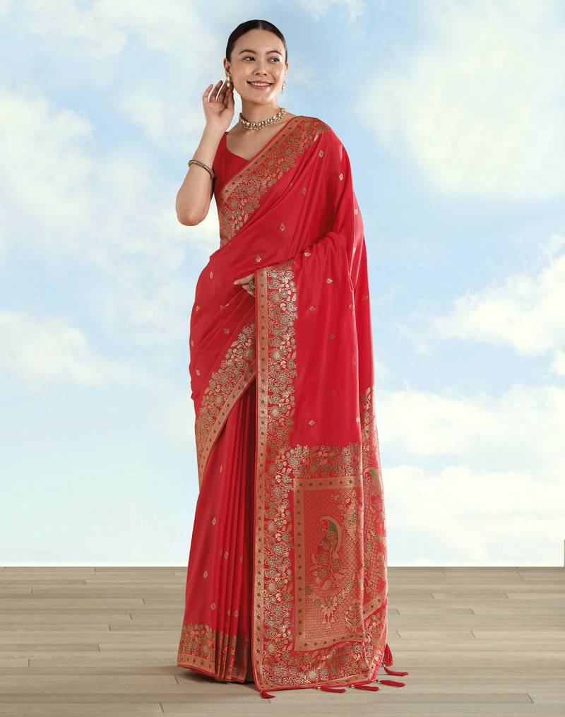 red silk blend banarasi jacuard work saree with unstitched blouse piece