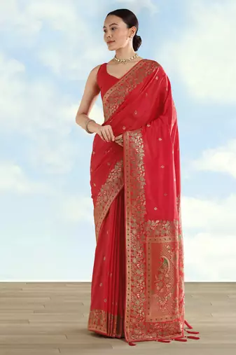 red silk blend banarasi jacuard work saree with unstitched blouse piece