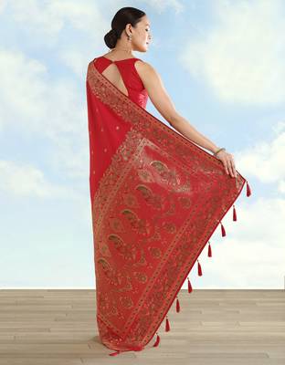 red silk blend banarasi jacuard work saree with unstitched blouse piece 3