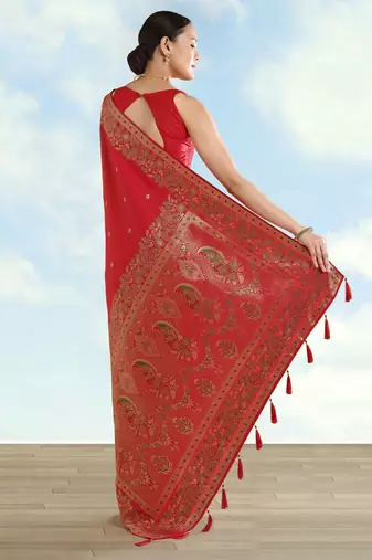 red silk blend banarasi jacuard work saree with unstitched blouse piece