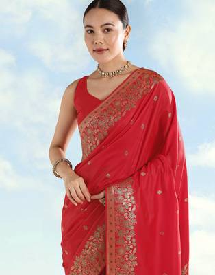red silk blend banarasi jacuard work saree with unstitched blouse piece 4