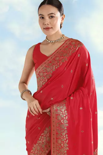 red silk blend banarasi jacuard work saree with unstitched blouse piece