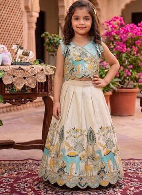 Offwhite viscose tissue with animal embroidered lehenga choli set for kids 1