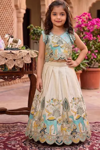 Offwhite viscose tissue with animal embroidered lehenga choli set for kids