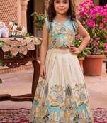 Offwhite viscose tissue with animal embroidered lehenga choli set for kids