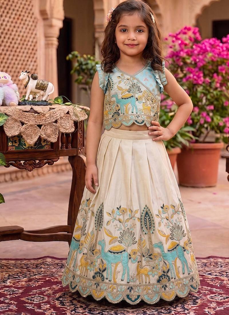 Offwhite viscose tissue with animal embroidered lehenga choli set for kids