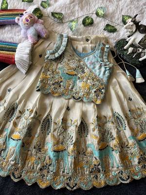 Offwhite viscose tissue with animal embroidered lehenga choli set for kids 2
