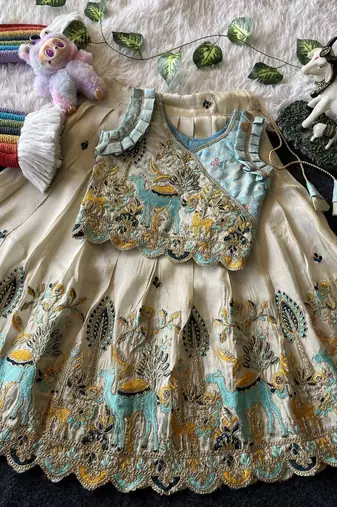 Offwhite viscose tissue with animal embroidered lehenga choli set for kids