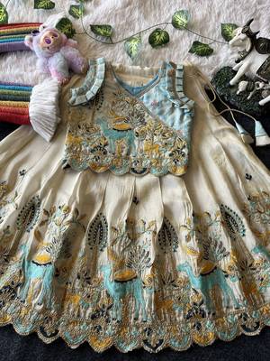 Offwhite viscose tissue with animal embroidered lehenga choli set for kids 3