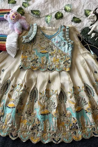 Offwhite viscose tissue with animal embroidered lehenga choli set for kids
