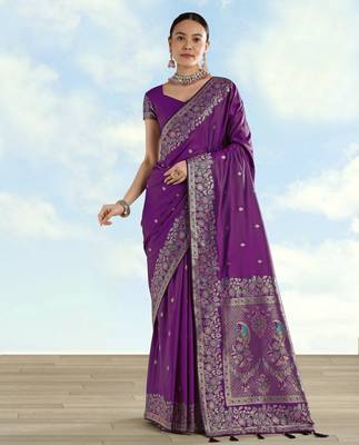 purple silk blend banarasi jacuard work saree with unstitched blouse piece 1