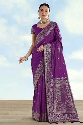 purple silk blend banarasi jacuard work saree with unstitched blouse piece