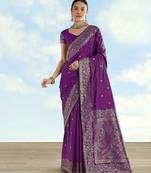 purple silk blend banarasi jacuard work saree with unstitched blouse piece