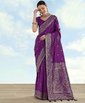 purple silk blend banarasi jacuard work saree with unstitched blouse piece 2
