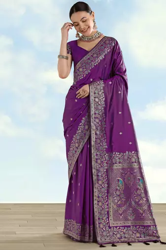 purple silk blend banarasi jacuard work saree with unstitched blouse piece
