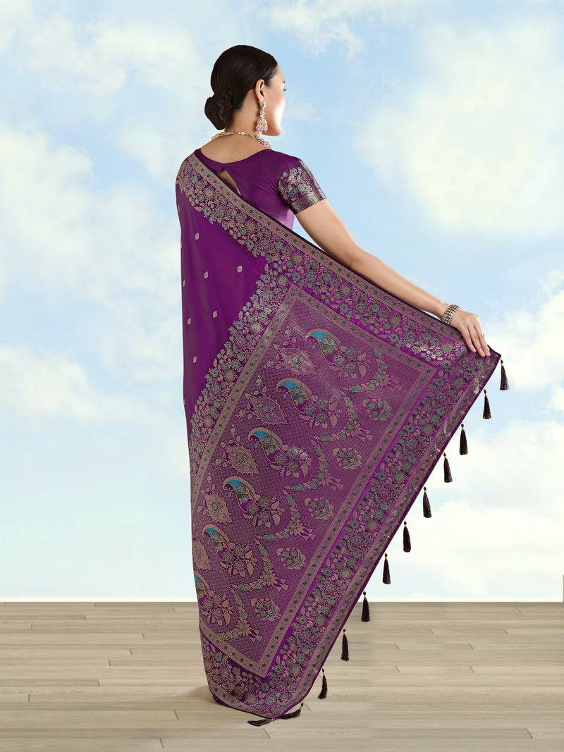 purple silk blend banarasi jacuard work saree with unstitched blouse piece