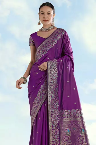 purple silk blend banarasi jacuard work saree with unstitched blouse piece