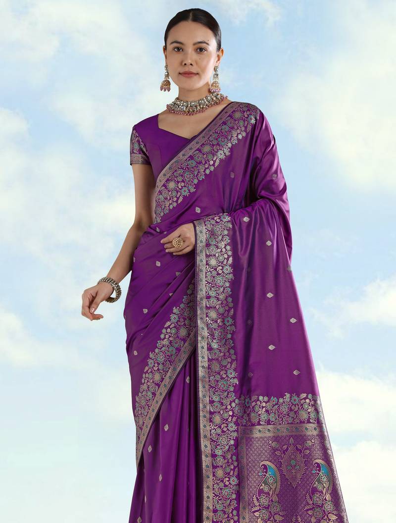 purple silk blend banarasi jacuard work saree with unstitched blouse piece
